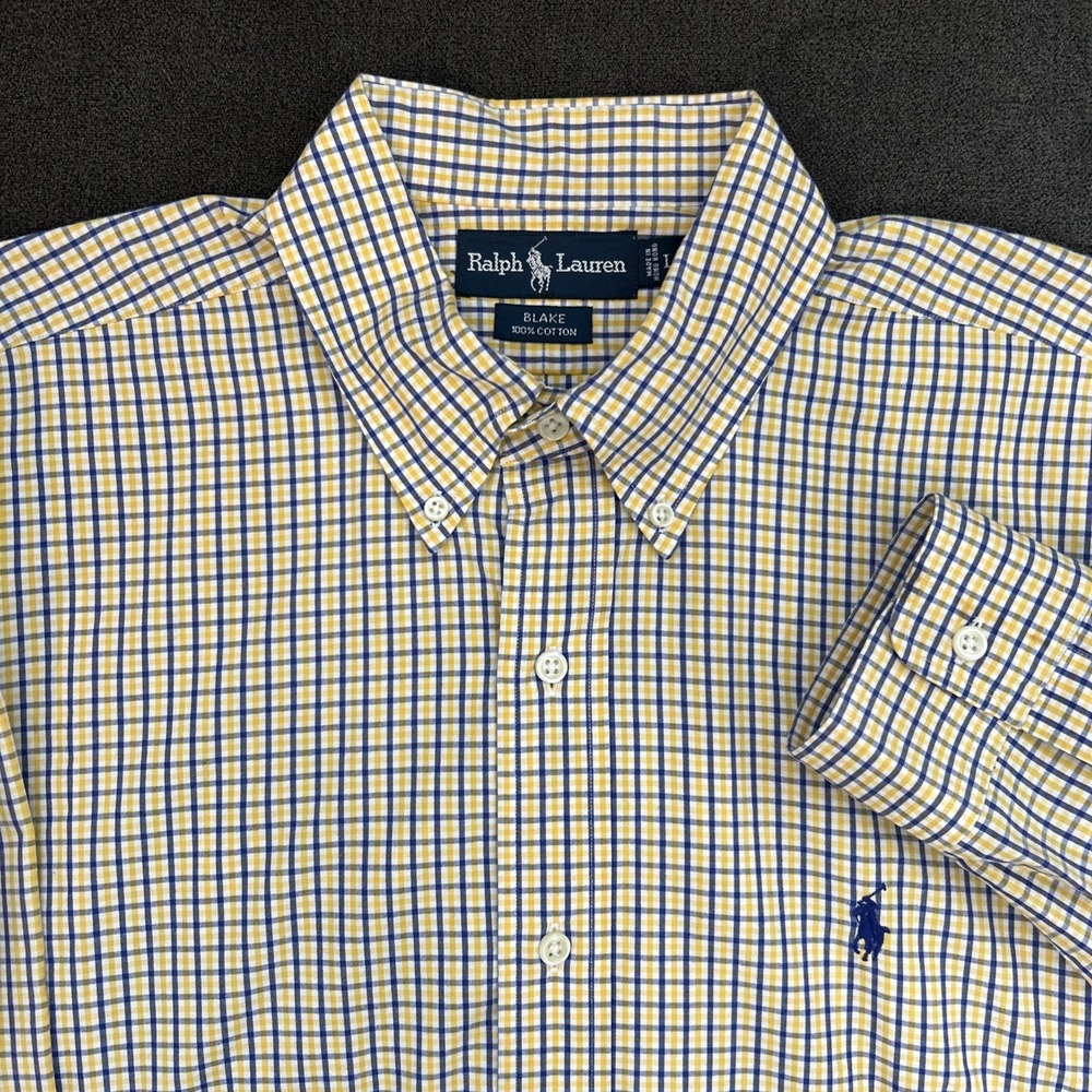 Ralph Lauren Blake Mens L Yellow Blue Plaid Long Sleeve Button Down Shirt Cotton